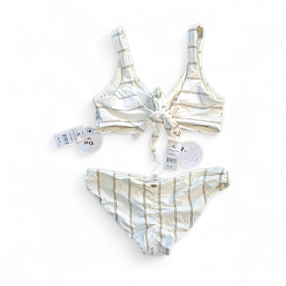 PQ Sz S 2-Piece Bikini Gold Striped Glitter Ruched Full Coverage Cream NWT